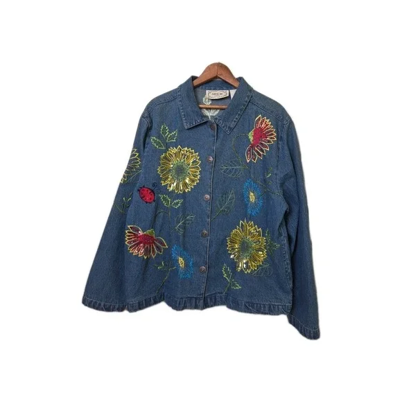 Vtg 90s Tantrums Ladybug Sunflower‎ Denim Shacket Embroidered Beads Sequins Sz M - Picture 2 of 16